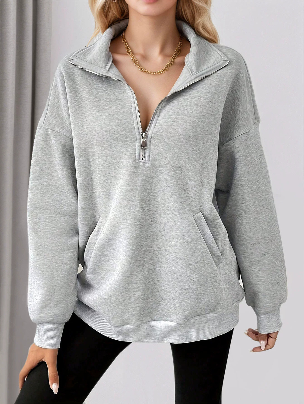 ZARA Casual Loose Fit Solid Color Turtleneck Pocket Sweatshirt